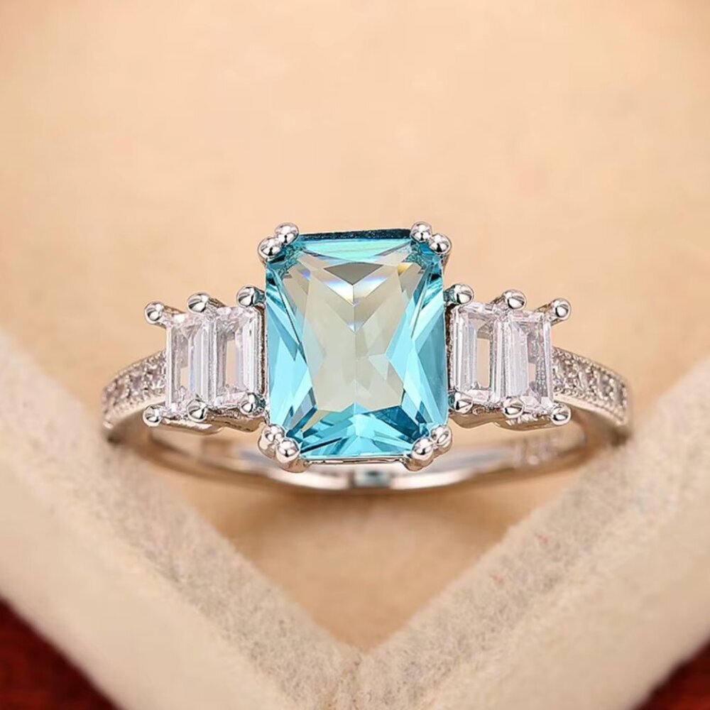 925 Sterling Silver Blue Topaz Diamond Ring Emerald Cut Ring